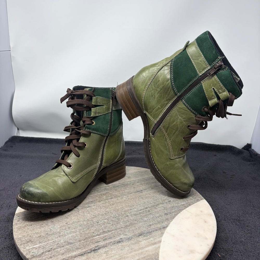 Dromedaris Green Leather Suede Combat Boots Faux Fur Lined Size 8.5 Military